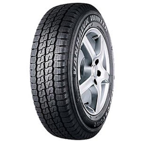 Black winter tire with deep treads, labeled "Firestone Vanhawk 2 Winter" in white text, mounted on a silver alloy wheel, size 195/70 R15C 104/102R 8PR.
