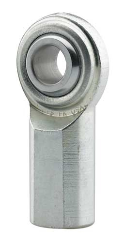 Silver metal rod end bearing with a PTFE lining, featuring a left-hand thread, M8 x 1.25 size, and an 8mm bore, designed for durability and smooth movement.