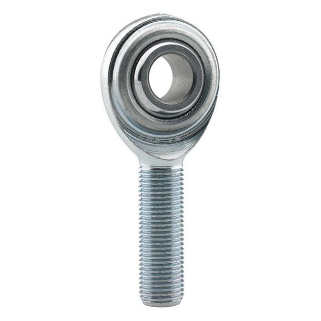 Silver metal rod end bearing with a PTFE lining, featuring a left-hand thread design, M8 x 1.25 size, and an 8mm bore for enhanced durability and performance.