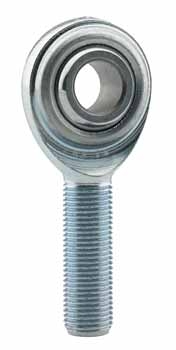 Metric male rod end bearing with a PTFE lining, featuring a shiny silver metal finish, right-hand thread, and an M5 x 0.8 threaded shaft with a 5mm bore.