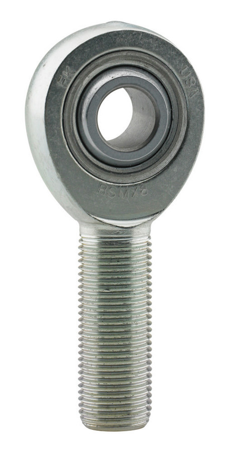 Left-hand male rod end with a silver metallic finish, featuring a spherical bearing and threaded shaft, designed for precision applications in the RSMX series.