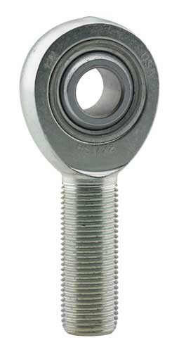 Silver metal FK Bearing RSMX7 rod end with a spherical bearing and a threaded shank measuring 0.4375 inches in diameter and 1/2-20 threads, designed for extra strength.