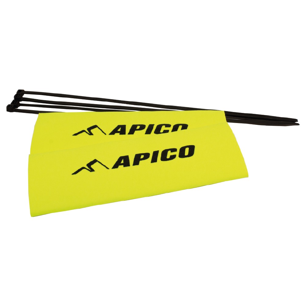 Fluorescent yellow neoprene fork guards with "APICO" logo, measuring 18.5cm, accompanied by black zip ties for secure attachment.