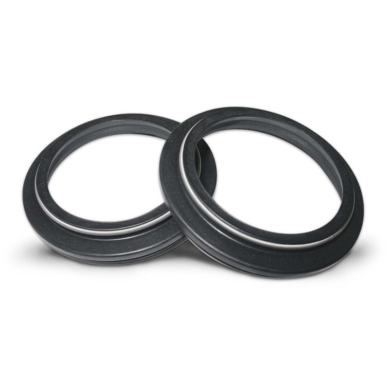 Black rubber fork seals with a smooth finish, featuring two concentric grooves, designed for specific motorcycle models including Kawasaki KXF250 and Yamaha YZF 250/450.