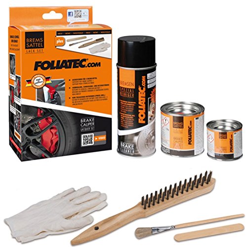 FOLIATEC 2160 Brake Caliper Paint in red aerosol can, 50ml, accompanied by cleaning materials, a brush, gloves, and a wooden tool, all in a branded packaging.