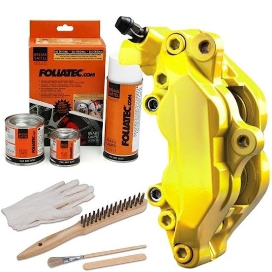 Bright yellow aerosol brake caliper paint with a 50ml capacity, accompanied by brushes, gloves, and a cleaning tool, all displayed with the Foliatec branding.