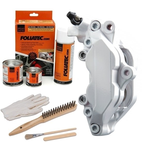 White aerosol can of FOLIATEC 2168 Brake Caliper Paint (50ml) with a brake caliper, paint cans, a brush, gloves, and a cleaning brush, all displayed against an orange and white background.