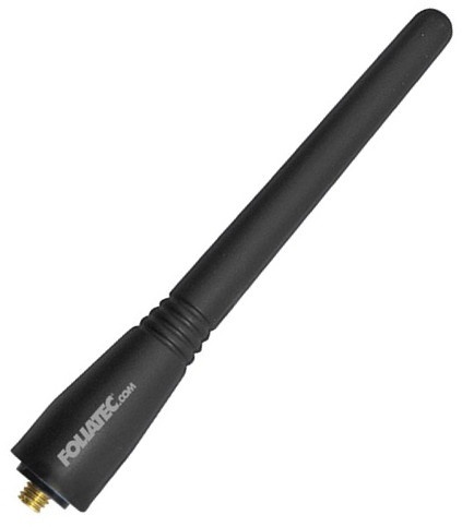 Black, elongated antenna with a smooth finish, featuring a gold threaded base for attachment, branded with "FOLIATEC.com" near the bottom.
