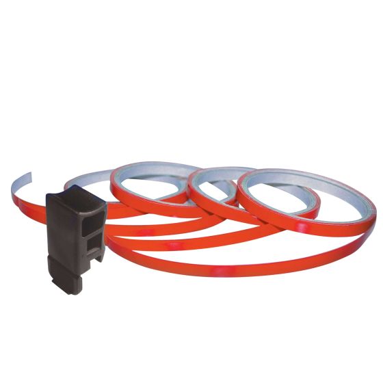 Pink 7mm pin striping tape by Foliatec, featuring a glossy finish and a roll design, accompanied by a black applicator tool for easy installation.