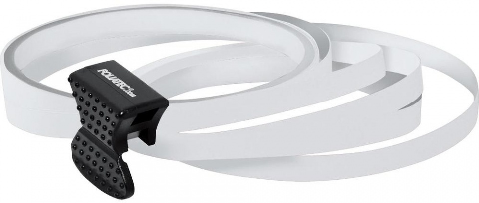 White flexible wheel stickers with a textured black applicator, designed for easy installation, featuring a sleek and modern design for enhancing vehicle aesthetics.