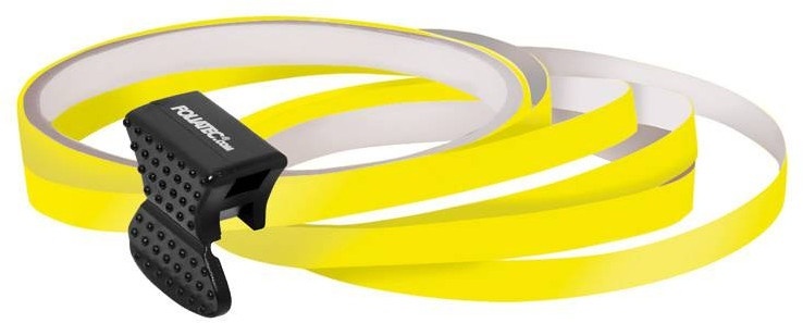 Bright yellow FOLIATEC Wheel Sticker 34389 set, featuring flexible vinyl material and a black applicator tool with textured grip for easy installation.