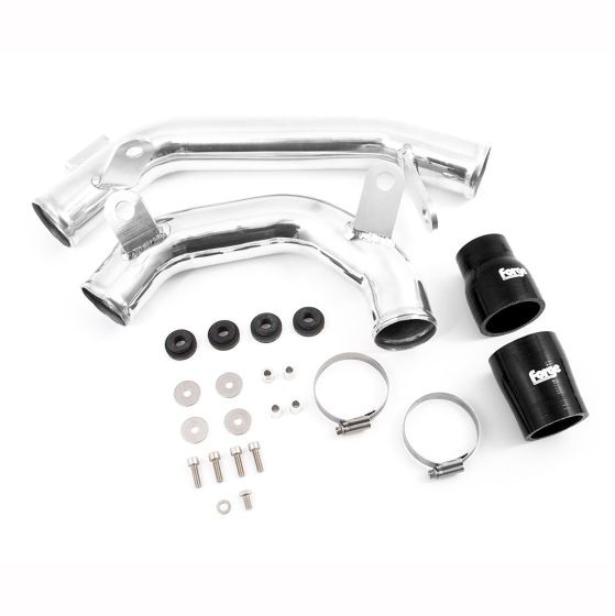 Black Forge Alloy Boost Pipes set featuring polished aluminum pipes, silicone couplers, clamps, and mounting hardware for enhanced performance.