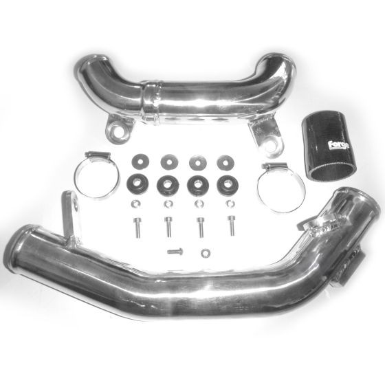 Blue Forge Alloy Boost Pipes set featuring polished aluminum pipes, silicone couplings, clamps, and hardware for enhanced performance.