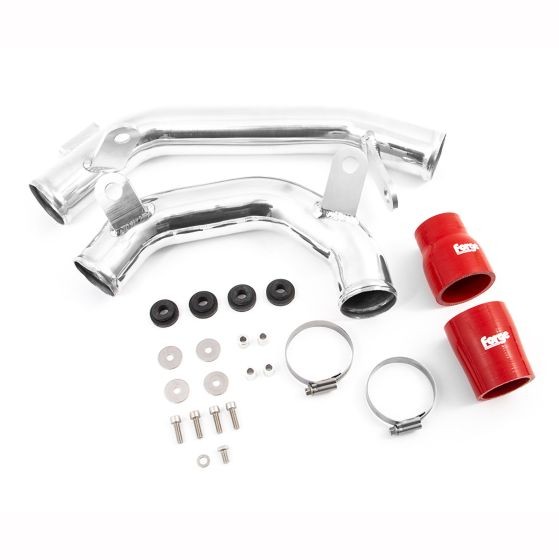 Red Forge alloy boost pipes with a polished finish, featuring two curved pipes, red silicone couplers, clamps, and mounting hardware.