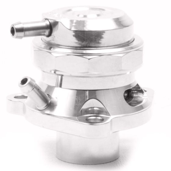 Shiny silver aluminum blow-off valve kit featuring a compact design with two inlet/outlet ports and a hexagonal adjustment nut for enhanced performance.