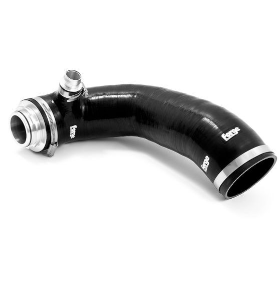 Curved black silicone inlet hose with silver metal fittings and Forge branding, designed for high-performance automotive applications.