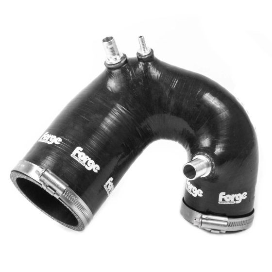 Black silicone inlet hose with a curved design, featuring two metal connectors and branded with the Forge logo, designed for automotive applications.