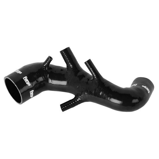 Black silicone intake hose with multiple bends and fittings, featuring the Forge logo, designed for enhanced airflow and durability in automotive applications.