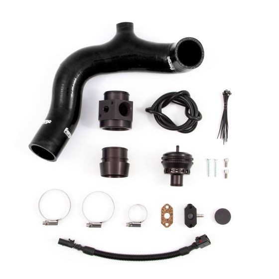 Black silicone hose with a curved shape, aluminum fittings, a blow-off valve, clamps, and various installation accessories, all branded with the Forge logo.