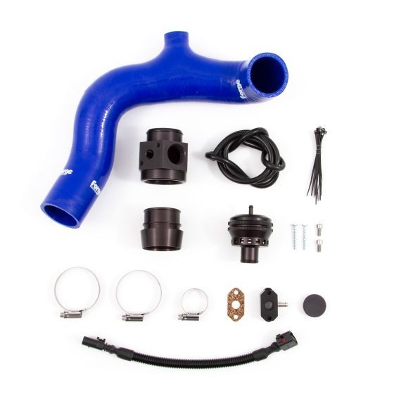 Blue silicone hose with black fittings, a black blow-off valve, installation hardware, clamps, and a wiring harness, all branded with Forge logos.