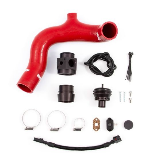 Forge Blow Off Valve kit featuring a red silicone hose, black fittings, a valve, clamps, and various installation accessories, all arranged neatly for easy viewing.