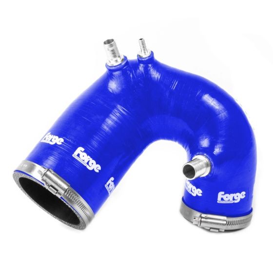 Blue silicone inlet hose by Forge, featuring a smooth curved design, two metal fittings, and reinforced ends with stainless steel clamps for durability.