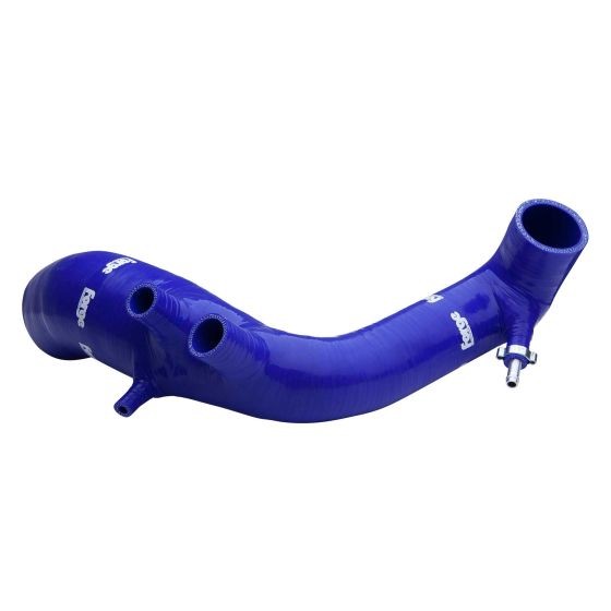 Blue silicone intake hose with a smooth finish, featuring multiple connectors and the "Forge" logo printed along its length, designed for enhanced airflow.