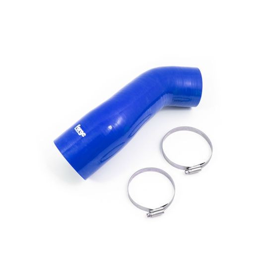 Blue silicone intake hose with a smooth, curved design, accompanied by two silver metal hose clamps for secure attachment.