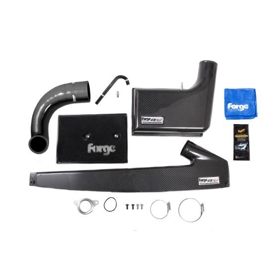 High Flow Carbon Intake Kit by Forge featuring black hoses, carbon fiber components, a silicone elbow, clamps, and a cleaning cloth, all designed for enhanced airflow and performance.
