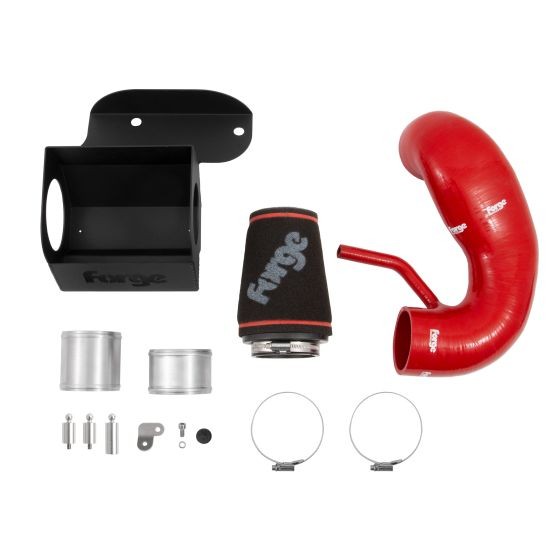 Black shield induction kit with red silicone hoses, featuring a black metal bracket, a black air filter, and various metal fittings and clamps.