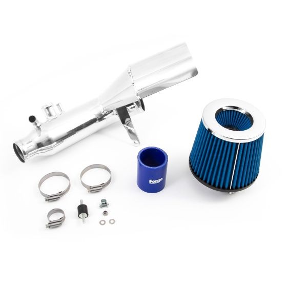 Black induction kit with a blue silicone hose, featuring a polished aluminum pipe, a blue cone air filter, and metal clamps for installation.