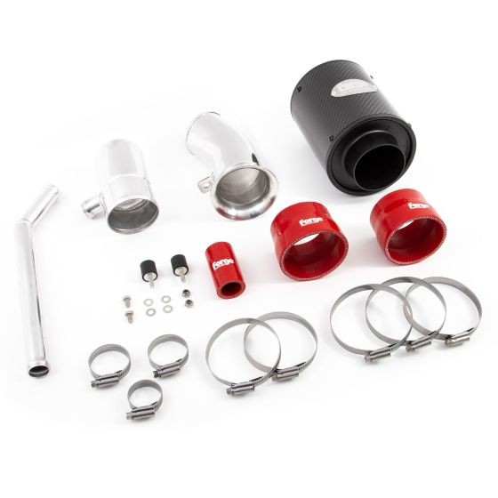 Forge Induction Kit featuring a pleated black filter, shiny silver piping, and vibrant red silicone hoses, accompanied by clamps and fittings for installation.