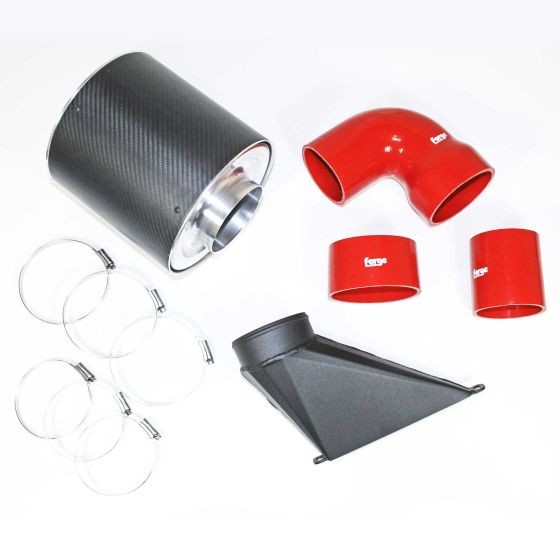 Black carbon fiber air intake with red silicone hoses, metal clamps, and a black plastic intake piece, designed for performance enhancement in vehicles.