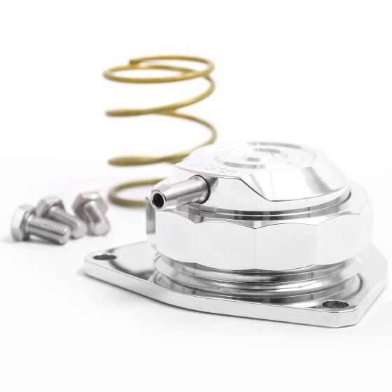 Silver aluminum recirculation valve with a circular design, featuring a spring and bolts, designed for direct turbo fitment by Forge.
