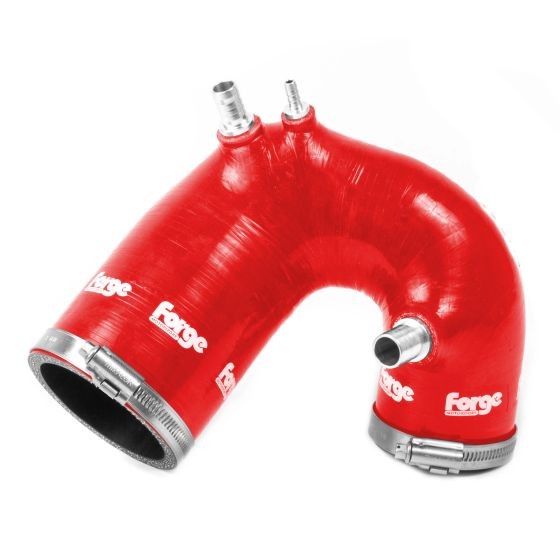 Red silicone inlet hose with a curved design, featuring two connectors and stainless steel clamps, prominently displaying the "Forge" logo.
