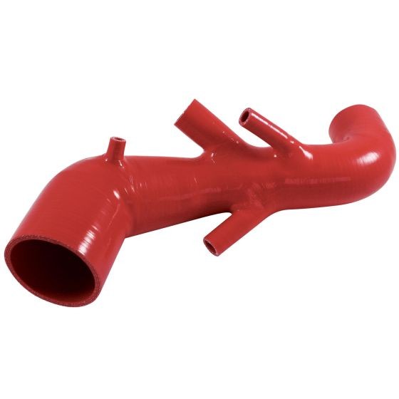 Bright red silicone intake hose featuring smooth curves and multiple connectors for enhanced airflow, designed for automotive applications.