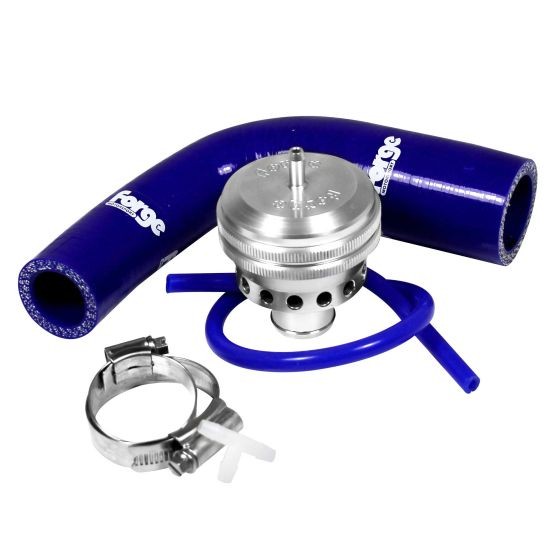 Forge Remote Sited Blow Off Valve with a polished silver body, accompanied by two vibrant blue silicone hoses and a metal clamp for secure installation.
