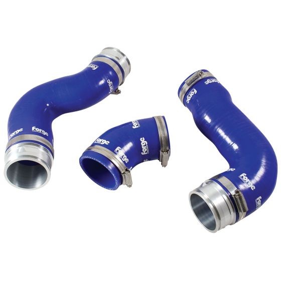 Set of three black silicone turbo hoses featuring smooth curves and metallic clamps, designed for automotive performance applications.