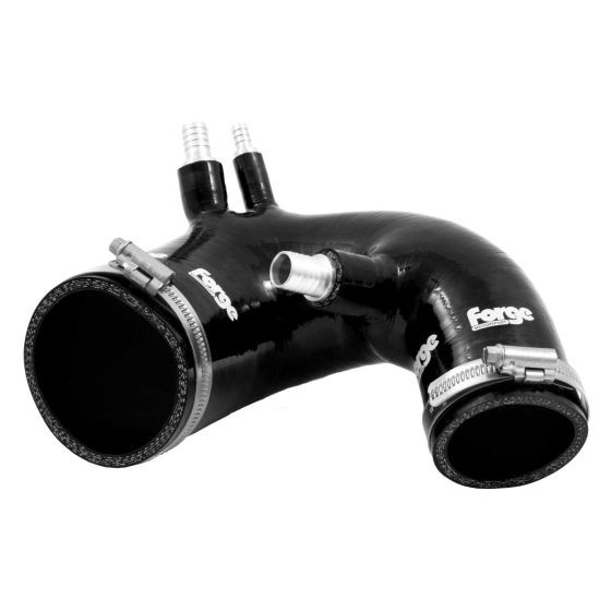 Black silicone intake hose with a curved design, featuring two connectors and stainless steel clamps, branded with "Forge" logo on the side.