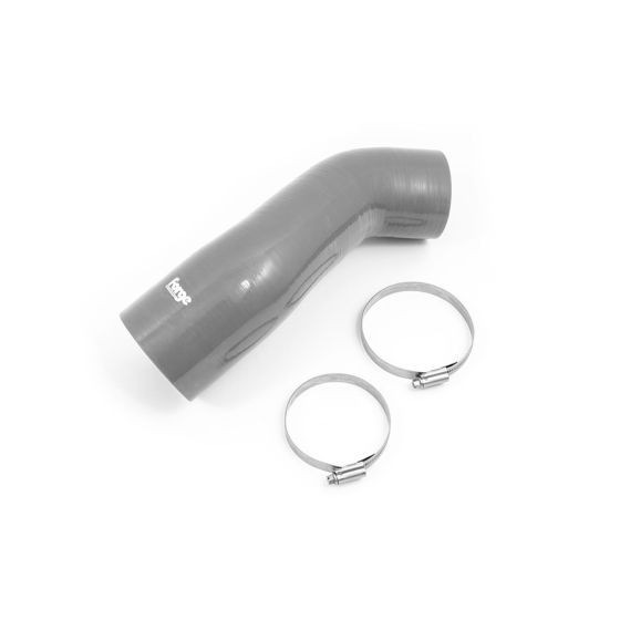 Grey silicone intake hose with a smooth finish and a slight curve, accompanied by two metal hose clamps for secure installation.
