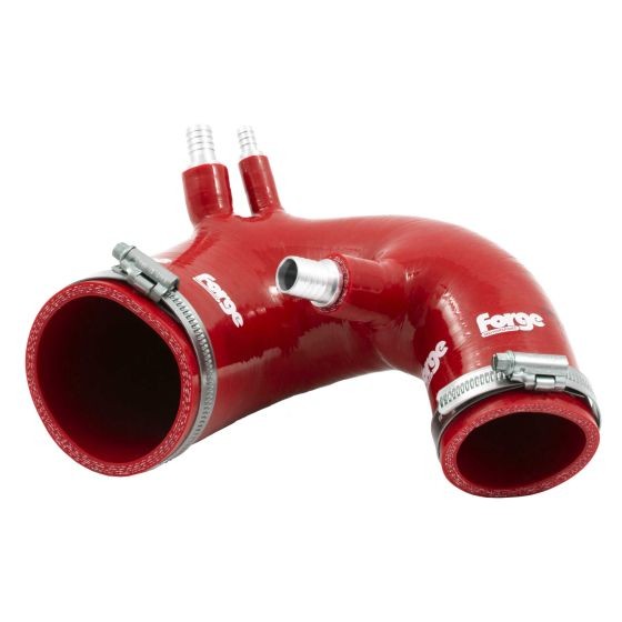 Red silicone intake hose with a curved design, featuring two connectors and stainless steel clamps for secure attachment, branded with "Forge" logo.