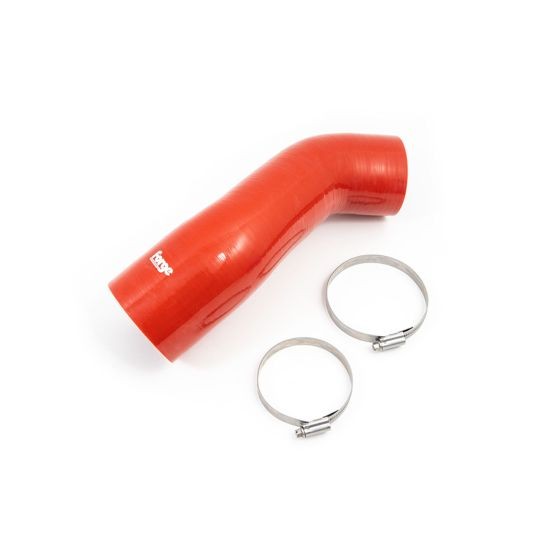 Red silicone intake hose with a smooth finish, featuring a curved design and accompanied by two metal hose clamps for secure installation.