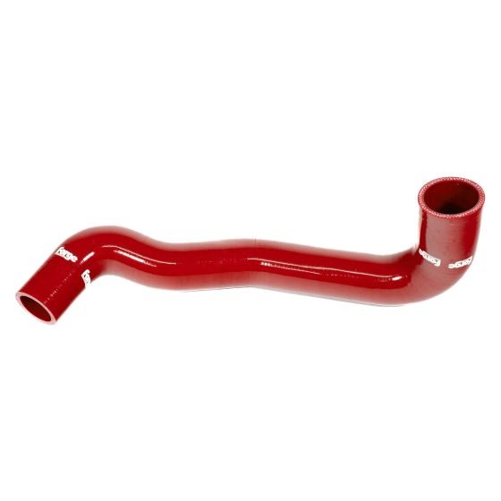 Red silicone resonator delete hose by Forge, featuring a smooth, curved design with reinforced ends for durability and performance enhancement in automotive applications.