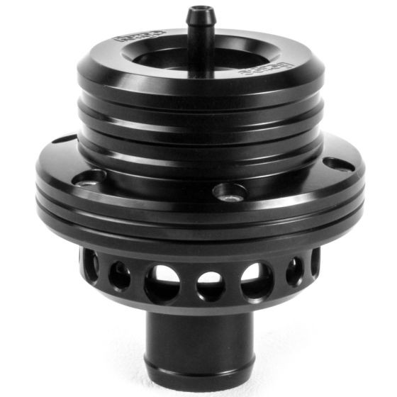 Black aluminum twin piston blow-off valve with a sleek design, featuring multiple air holes and a central outlet for efficient performance.