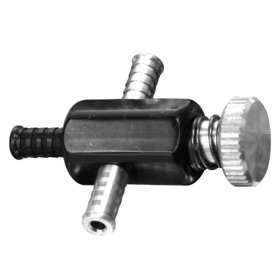 Black anodized aluminum bleed valve with a polished silver knob, featuring two hose connections and a compact, streamlined design for automotive applications.