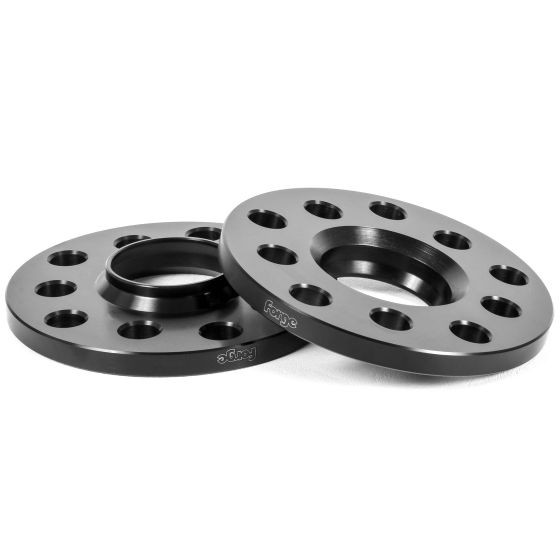 Black aluminum wheel spacers with a diameter of 8mm, featuring multiple bolt holes, designed for VAG 5x100/5x112 PCD fitment, branded with "Forge."