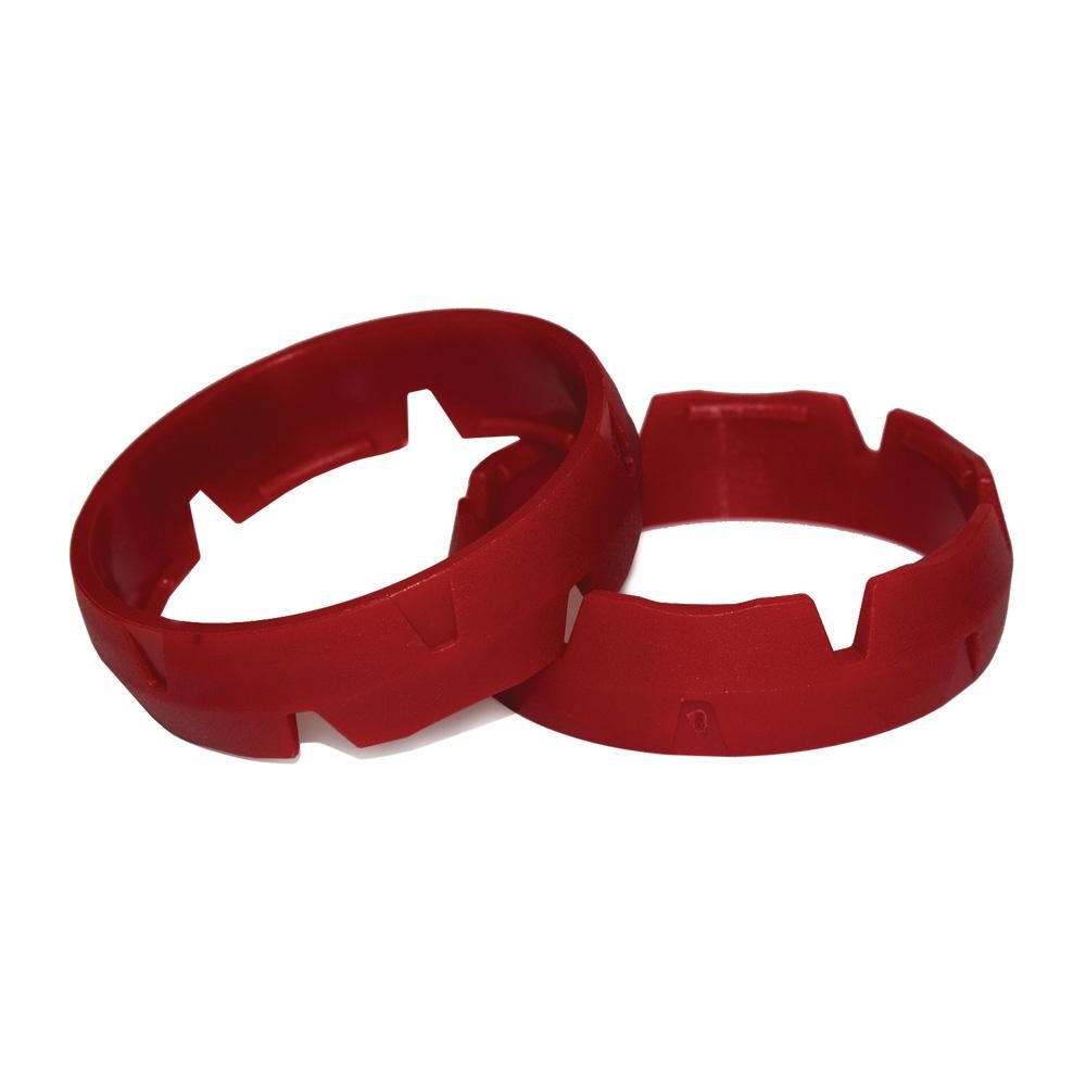 Red plastic fork protection ring set designed for KTM, Husqvarna, Sherco, and Gas Gas WP forks (2009-2023), featuring a durable, impact-resistant design with a secure fit.