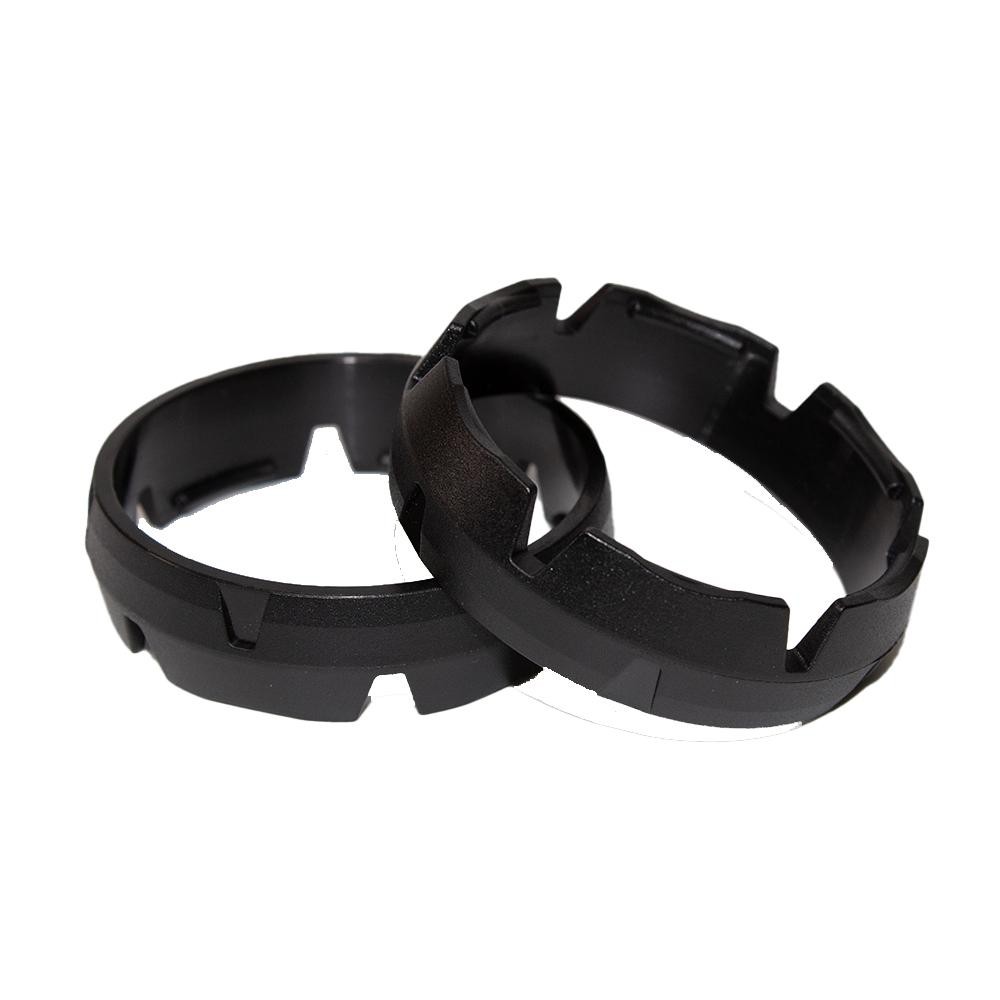 Black fork protection rings made of durable material, designed for KTM, Husqvarna, Sherco, and Gas Gas WP forks from 2009-2023, featuring a notched design for secure fitting.