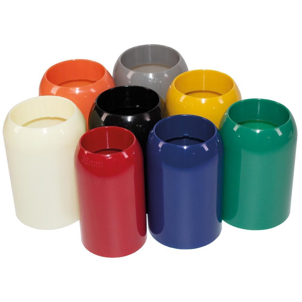 Eight colorful plastic fork seal guides in various sizes (36mm, 41mm, 43mm, 45mm, 46mm, 47mm, 48mm, 49mm) including white, orange, black, yellow, green, blue, and red.