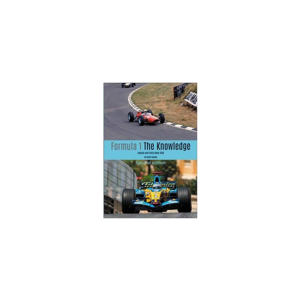 "Book cover of 'Formula 1 - The Knowledge 2nd Edition' by Veloce, featuring a blue background with images of racing cars in action and bold white text."